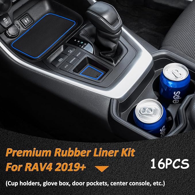 TOPINSTALL Accessorize Interior Liners Compatible with 2019-2024 2025 Toyota RAV4 & 2021-2025 RAV4 Prime, Anti Dust Cup Holder Insert, Premium Console Rubber Mat, Door Pocket Pad- 16PCS Blue Trim