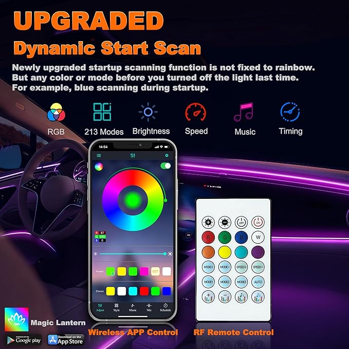 Acrylic LED Lights - Interior Car Ambient Lighting Kits with Dynamic Rainbow Dream Color Chasing, Music Sync (6 in 1(4 * 29.5+43.3+14.5 inches))