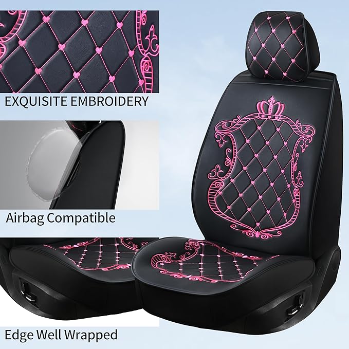 Skysep Crown Full Set Universal Fit 5 Seats Car Surrounded Waterproof Leather Car Seat Covers Protector Adjustable Removable Auto Seat Cushions with 2 Waist Pillows 2 Headrest Pillows (Black & Rose)