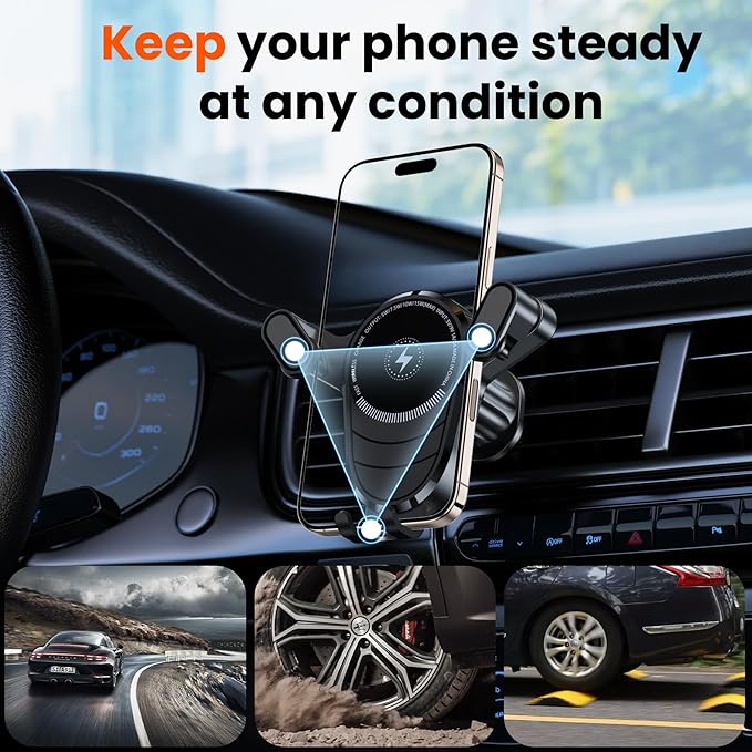 Wireless Car Charger Mount, 15W/10W/7.5W Fast Charging Air Vent Car Phone Holder Mount Compatible with iPhone 17/16/15/14/13/12/11/10 Series, Samsung Galaxy Series