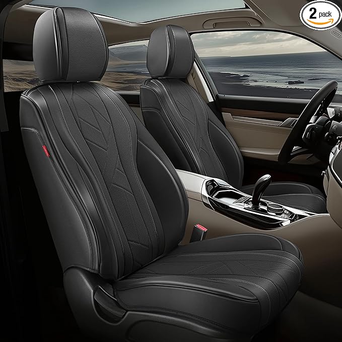 Auto Dynasty Car Seat Covers Front Set, Anti-Slip Automotive Interior Covers with Storage Pocket, Breathable Car Seat Protectors, Airbag Compatible, Universal Fit Most Vehicles, Black (Touring Series)
