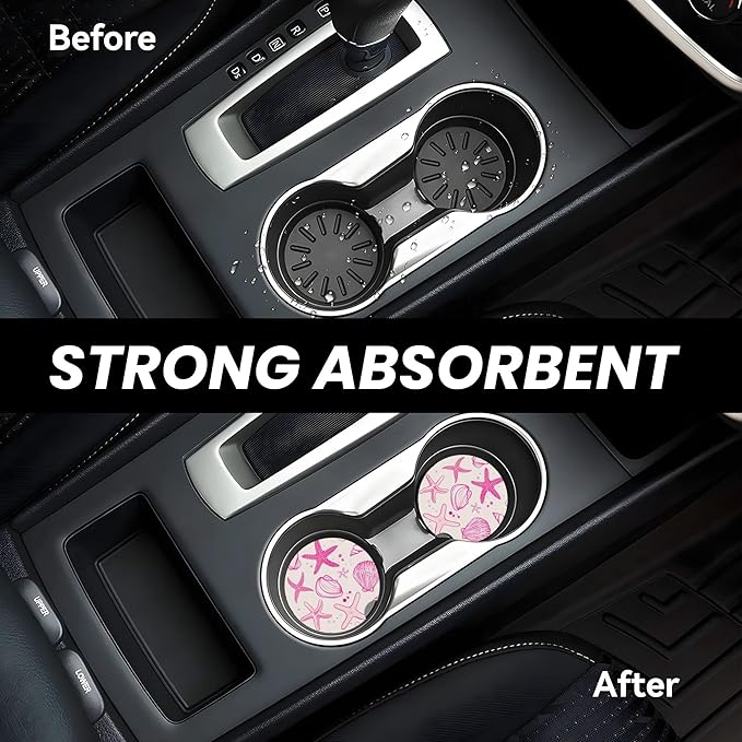 Absorbent Car Coasters for Cup Holders, 2 Pack Universal Anti Slip Ceramic Cup Coaster for Women Men 2.56 Inch Car Interior Accessories - Pink Sea Shell 014