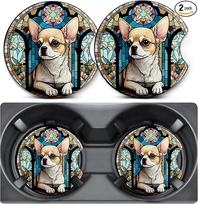 2 Pack Car Coasters for Cup Holders,Chihuahua Dog Car Cup Holder Coasters,2.75" Universal Size Anti Slip Rubber Mat,Automotive Interior Accessories,Automotive Cup Holder Decor,Dog Gifts for Women Men