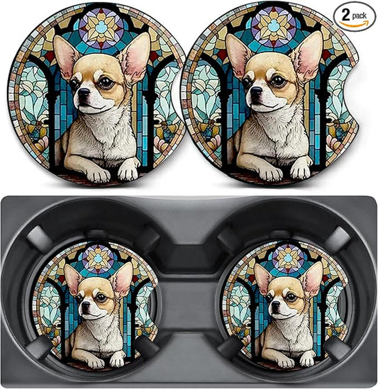 2 Pack Car Coasters for Cup Holders,Chihuahua Dog Car Cup Holder Coasters,2.75" Universal Size Anti Slip Rubber Mat,Automotive Interior Accessories,Automotive Cup Holder Decor,Dog Gifts for Women Men