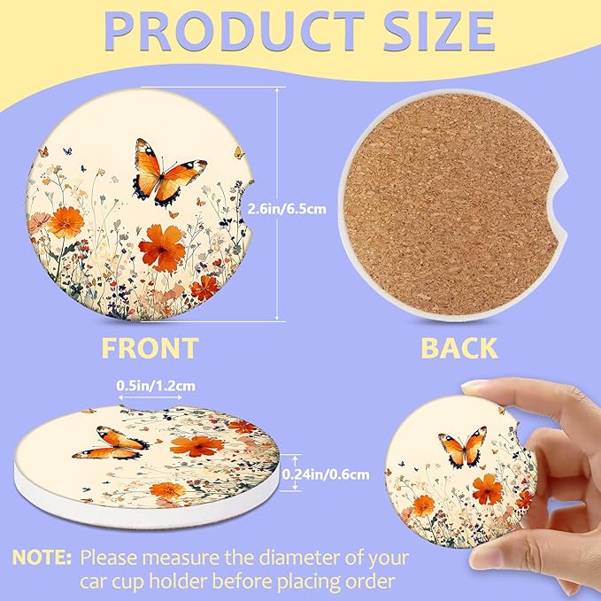2 Pack Car Cup Holder Coaster-Butterfly Floral Absorbent Ceramic Coaster, Car Coasters for Cup Holders,Auto Accessories for Women & Men