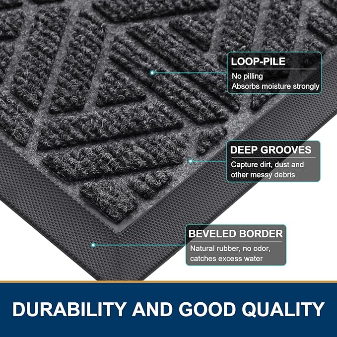 Smiry Front Door Mat Outside Entrance, Heavy Duty Sturdy Natural Rubber Doormat, Trap Dirt and Moisture, Easy Clean Low Profile Mats for Indoor Outdoor Entry, Grid Geometric (71x47, Grey)