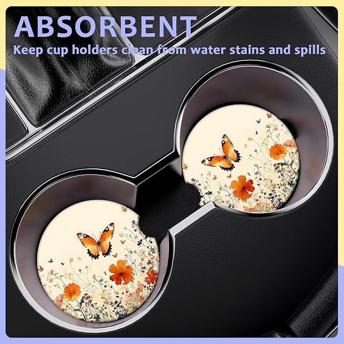 2 Pack Car Cup Holder Coaster-Butterfly Floral Absorbent Ceramic Coaster, Car Coasters for Cup Holders,Auto Accessories for Women & Men