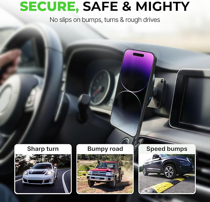 Wireles Charger Magnetic Phone Mount - Car Cell Phone Holder with AMPS Mounting Plate - Stand Compatible with iPhone 14/15/16/17/Samsung, Fast Charging (Drill Base AMPS Plate)