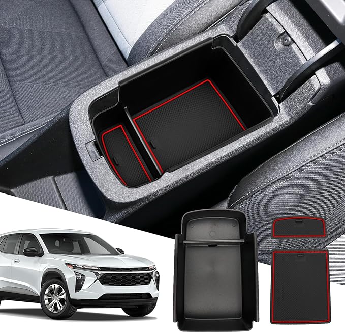 SXCY Fit for 2024 2025 Chevy Trax Center Console Organizer Tray 2024 2025 Chevy Trax Accessories(LS LT 1RS 2RS ACTIV) Armrest Storage Box Console Tray for 2024 2025 Trax Console Organizer Red Mats