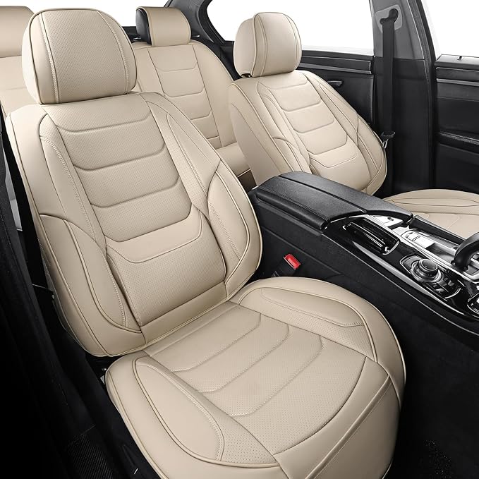 Leather Front Car Seat Covers Breathable Seat Covers Waterproof Seat Protectors Universal Fit for Most Automotive Cars SUV Trucks Van (Beige, Front Pair)