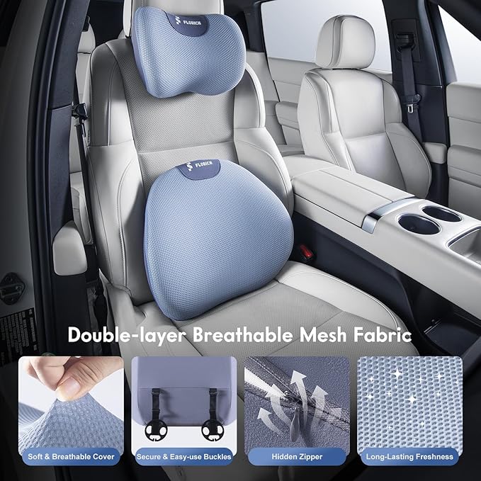 FLORICH Lumbar Support Pillow and Neck Pillow for Office Chair Car, Ergonomic Memory Foam Back Support for Office Gaming Chair Driving Seat Wheelchair, Relieves Neck, Back & Sciatica Pain – Blue