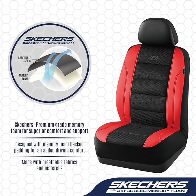 Skechers Aircooled & Memory Foam Car Seat Covers,Premium Leather with EVA Mesh Seat Covers, Front car seat Protector, Airbag Compatible, Automotive Comfort for Most Cars, Vans, Trucks, SUV,Red