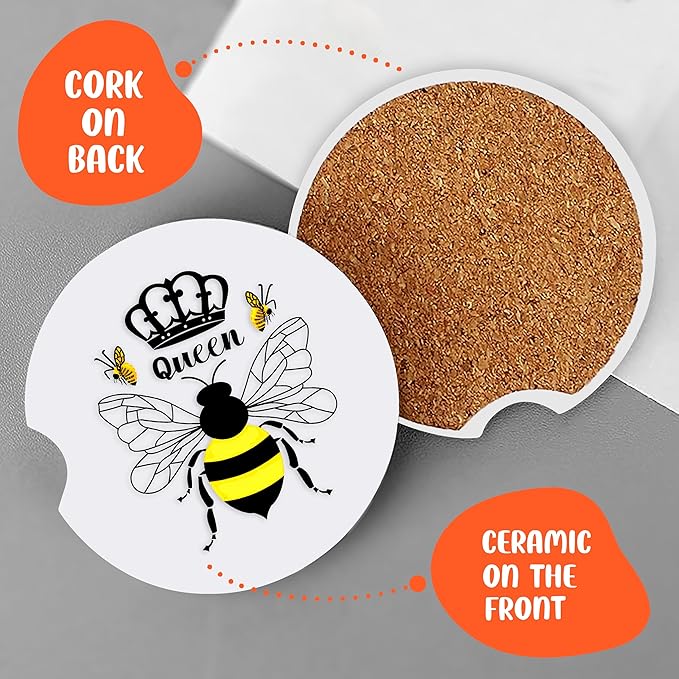 2 Pack Bee Car Cup Holder Coaster, Cute Car Interior Accessories Drink Coaster for Women & Men, Bee Lovers Themed Gifts Stuff Accessories Things Merchandise Items!