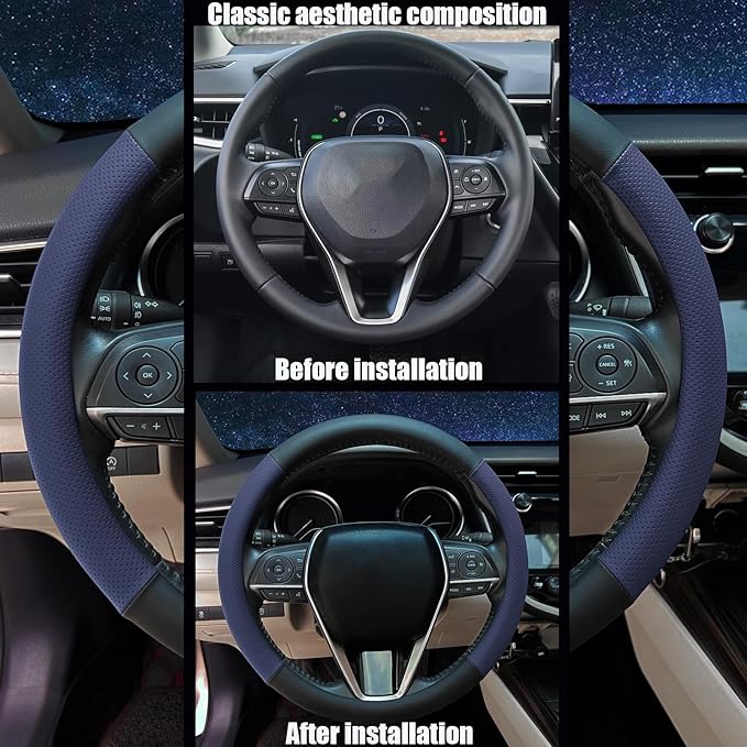 Steering Wheel Cover Standard Size 14.5-15 inch, Non-Slip Car Wheel Cover Protector, Breathable Microfiber Leather, Black and Blue
