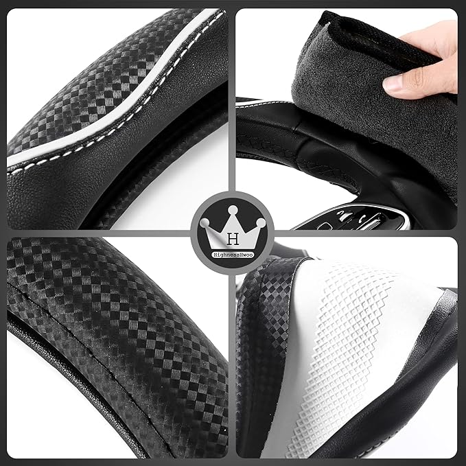3D Car Steering Wheel Cover Comfort Grip Massage Sporty Anti-Slip Carbon Fiber Faux Leather for Sedan SUV, Universal Fit, Car Handle Covers for All Seasons, 14.75-15.15in, White