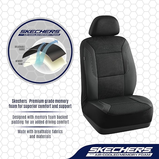 Skechers Men's Memory Foam Seat Covers, Air Cool Mesh Thick Car Seat Covers, Car Seat Covers Front Seats Airbag Compatible, Universal Automotive Comfort for Most Cars, Vans, Trucks, SUV,Black