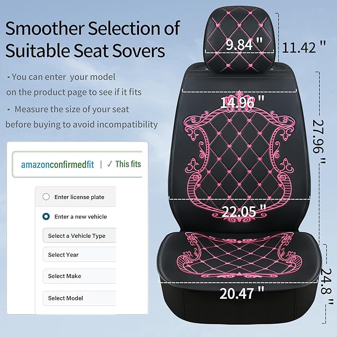 Skysep Crown Full Set Universal Fit 5 Seats Car Surrounded Waterproof Leather Car Seat Covers Protector Adjustable Removable Auto Seat Cushions with 2 Waist Pillows 2 Headrest Pillows (Black & Rose)