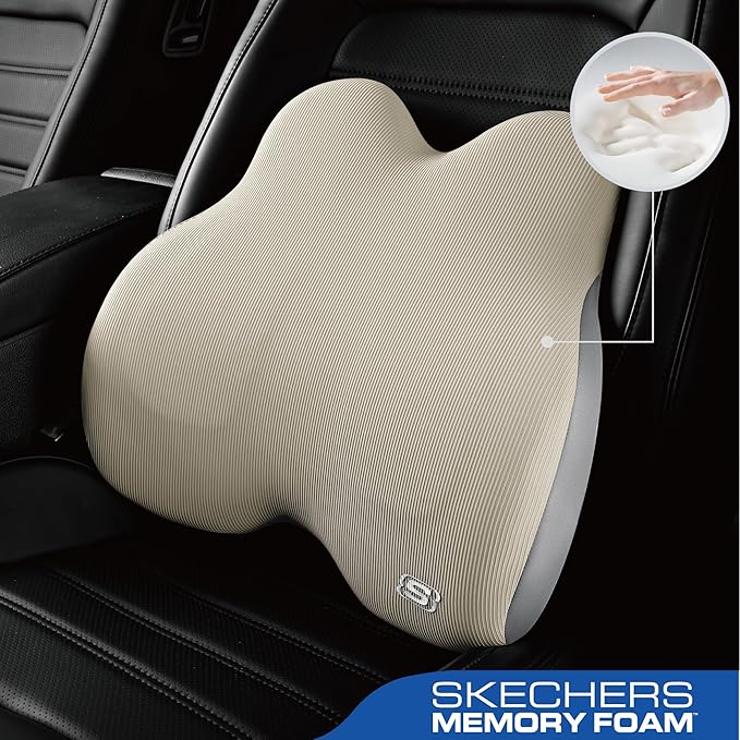 Skechers Memory Foam Lumbar Pillow,Lumbar Support Pillow for Office, Chair Lower Back Pain Relief Lumbar Pillow, Ergonomic Design Back Support Pillow for Office Chair, Car, Home, Travel,Beige