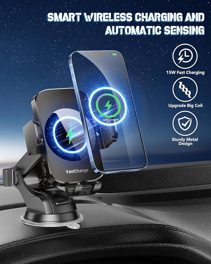 Wireless Car Charger, Fast Charging Phone Holder 3 in 1 Phone Mount Auto Clamping Car Accessories Compatible with iPhone 17 16 15 14 13 12 11 Xs XR, Samsung S23 Ultra S22 S21 S20(Deep Space Black)
