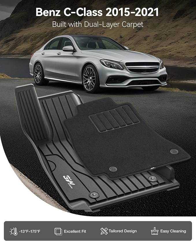 3W Floor Mats with Carpets for Mercedez Benz C-Class 2015-2021(for Sedan Only), TPE Floor Liner Thickened Carpet with Safety Locks for Benz C Class C300/C350e/C43 AMG/C63 AMG/C63 AMG S