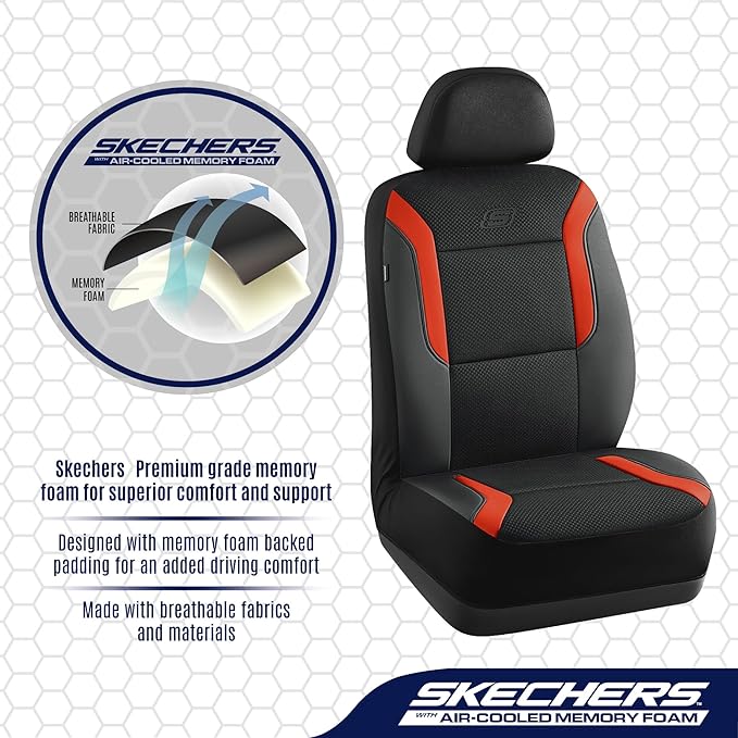 Skechers Memory Foam Leather Car Seat Covers, Air Cool Mesh Thick Seat Covers, Car Seat Covers Front Seats, Airbag Compatible, Automotive Comfort for Most Cars, Vans, Trucks, SUV,Orange