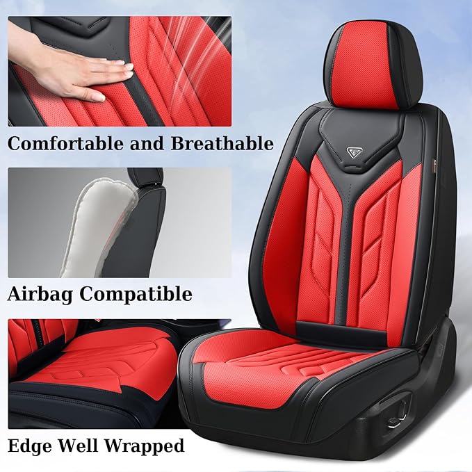 Coverado Car Seat Covers Full Set, Automotive Seat Covers Car Seat Protector Car Seat Cushion, Waterproof Leather Seat Covers for Cars, Universal Fit for Most Sedans SUV Pick-up Truck(Black&Red)
