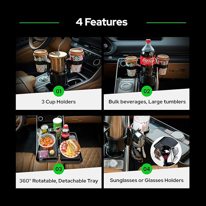 Triple Car Cup Holder Expander Attachable Tray with Adjustable Base and Large Bottles