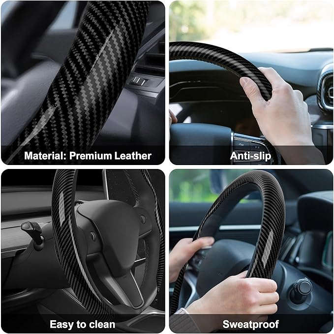 frani Leather Steering Wheel Cover, Universal 15 Inch Premium Non-Slip Steering Wheel Cover Black Carbon Fiber Texture