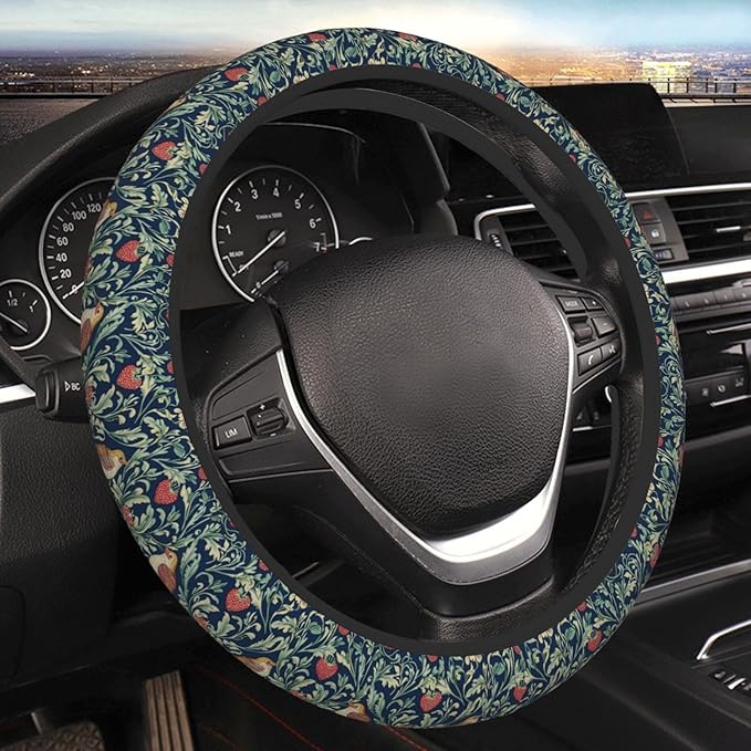 Yellow Birds Strawberry Flowers Steering Wheel Cover for Women Girls, 15 Inches Anti-Slip Steering Wheel Cover for Auto Truck SUV