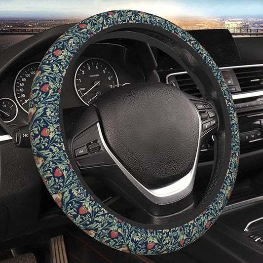 Yellow Birds Strawberry Flowers Steering Wheel Cover for Women Girls, 15 Inches Anti-Slip Steering Wheel Cover for Auto Truck SUV