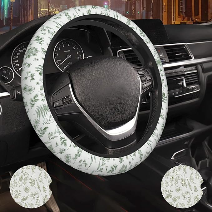 Vintage Green Flower Steering Wheel Cover Women