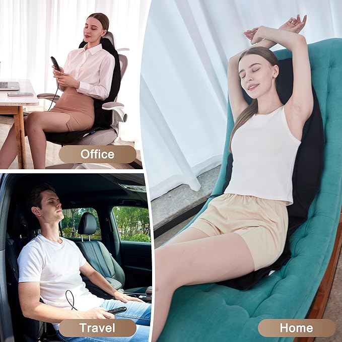 Portable Back Massager with Heat & Vibration - Deep Tissue Pain Relief for Shoulder, Back, Lower Back and Thighs - Office Chair Massage Pad, Ideal Gift for Men and Women