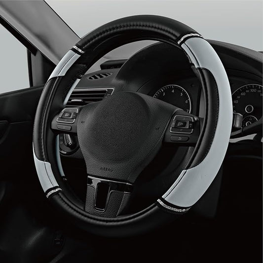 Road Comforts Leather Steering Wheel Cover - Made with PVC Leather - Anti-Slip, Universal Fit 14 1/2 inches to 15 inches - Gray