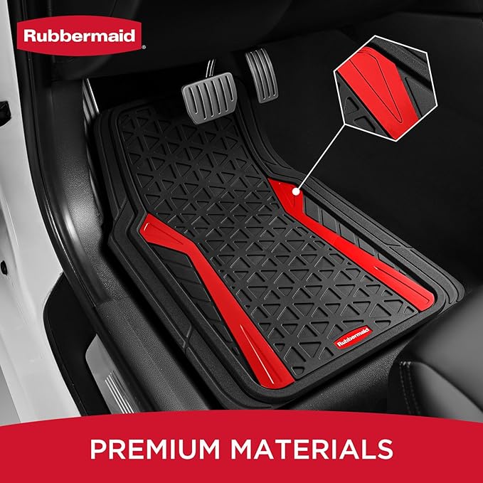 Rubbermaid Car Floor Mats Full Set,Premium Heavy Duty All-Weather Car Mats– Rugged Rubber with Brushed Aluminum Inserts, Universal Trim-to-Fit, Anti-Slip Backing for Cars, SUVs, Trucks & Vans - Red