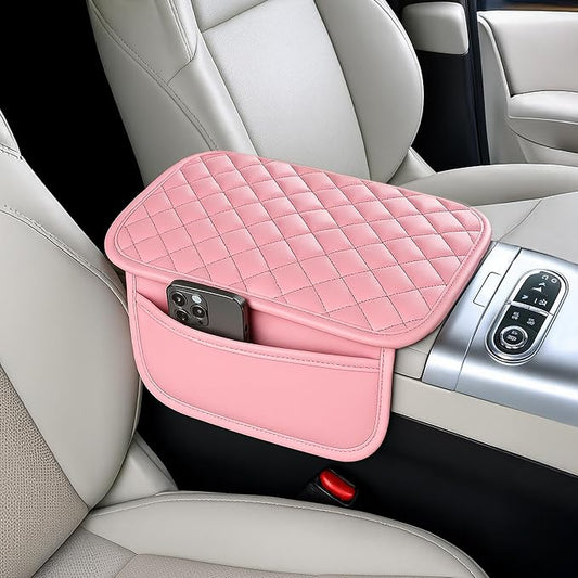 Upgraded Car Center Console Cover Pink,Microfiber Leather Car Armrest Cover Cushion with 2 Storage Bags,Universal Car Armrest Storage Box Car Interior Accessories for Most Vehicles (Pink)