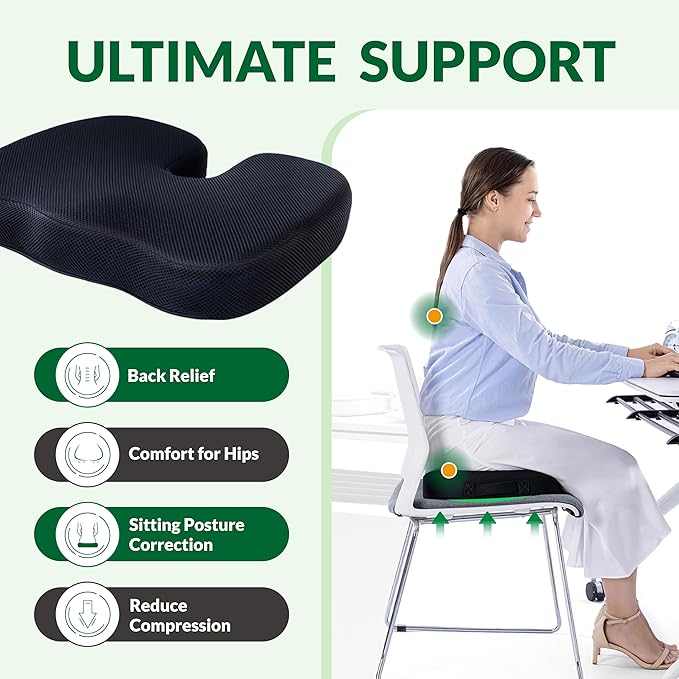 Seat Cushions for Office Chairs Car Airplane,Charcoal Memory Foam Seat Cushion,Ergonomic Tailbone Pain Relief Cushion, Sciatica & Back Support with Anti-Slip Bottom and Handle