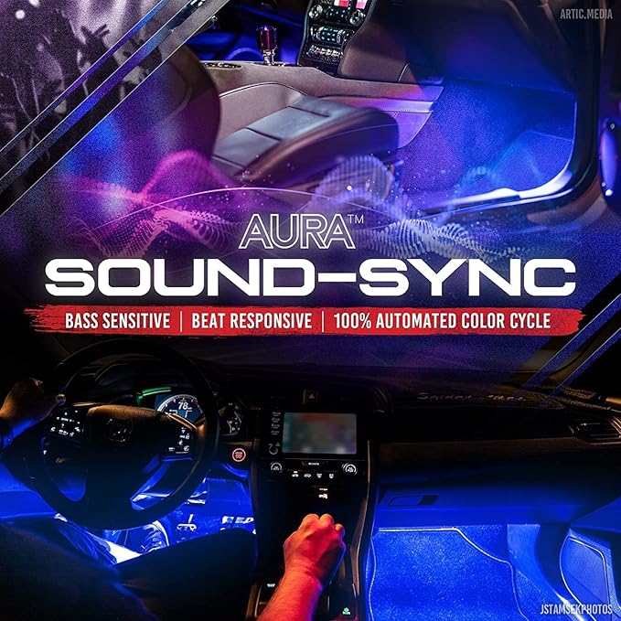 OPT7 Aura Double Row Car LED Lights Interior 6pc with Wireless Remote Control, Multicolor Mode, Sound Active Function Inside Ambient Lighting Kit, Footwell Floor Decor, Charger Adapter 12V