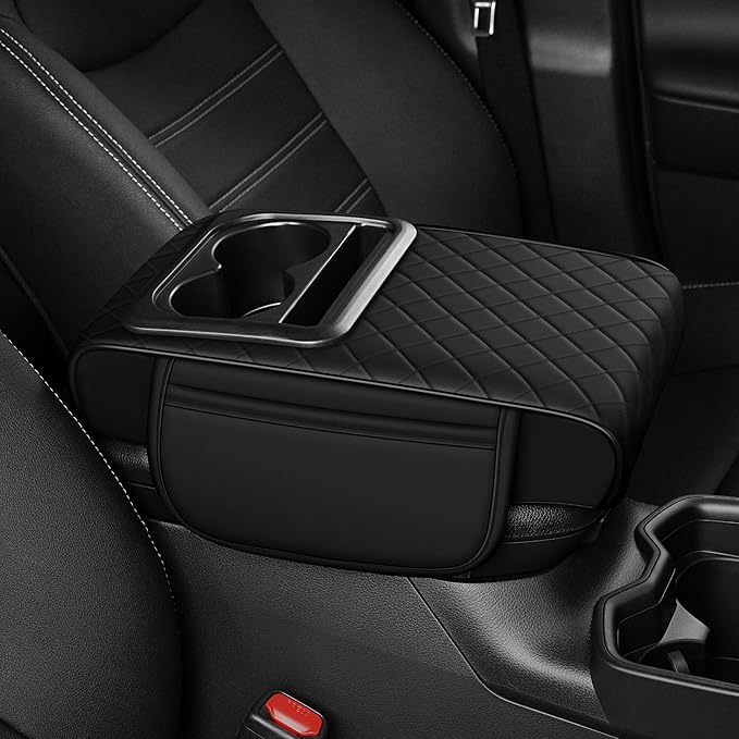 YORKNEIC Upgraded Car Center Console Cover with Cup Holder 2 Storage Bags - Faux Leather Arm Rest Cover Fit for Ford Ranger,Middle Console Cover Multi-Functional Car armrest Cushion(Black)