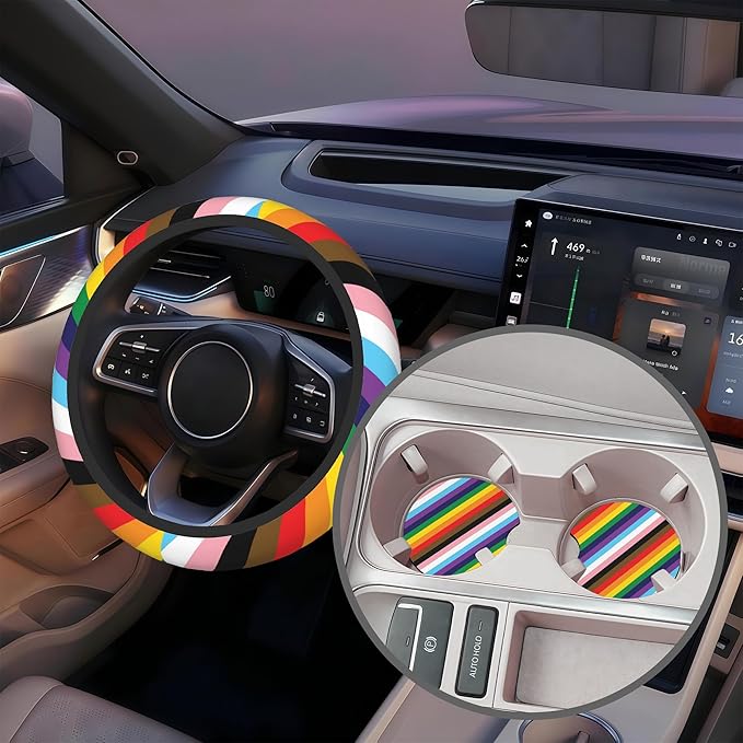 Rainbow Stripes Steering Wheel Cover for Women, Anti-Slip Car Steering Wheel Cover with 2 Pcs Cup Holders Neoprene Breathable Car Accessories Universal 15 Inch Auto Interior Decor