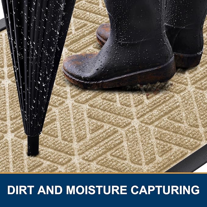 Smiry Front Door Mat Outside Entrance, Heavy Duty Sturdy Natural Rubber Doormat, Trap Dirt and Moisture, Easy Clean Low Profile Mats for Indoor Outdoor Entry, Grid Geometric (71x47, Beige)