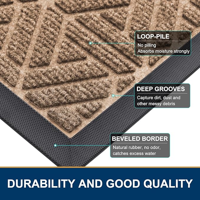 Smiry Front Door Mat Outside Entrance, Heavy Duty Sturdy Natural Rubber Doormat, Trap Dirt and Moisture, Easy Clean Low Profile Mats for Indoor Outdoor Entry, Grid Geometric (29.5x17, Coffee)