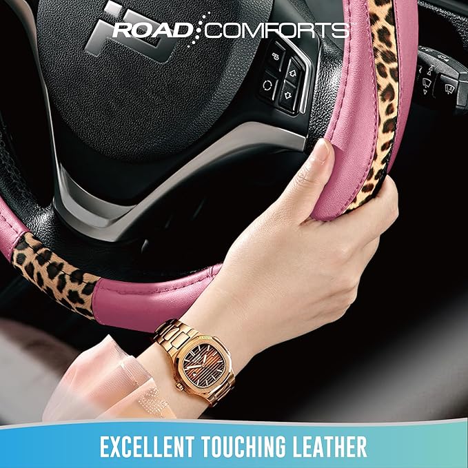 Road Comforts Steering Wheel Cover - Made with PVC Leather and Leopard Fabric - Universal 14 1/2 inches to 15 inches for Most Automotive Steering Wheel - Cheetah Print -Pink