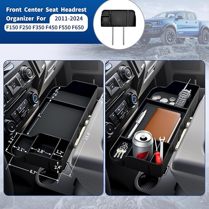 Upgraded Front Center Console Organizer Fit for 2011-2025 Ford F150 F250 F350 F450 F550 F650 Super Duty Accessories- Jump Seat Headrest Replacement with Cup Holder Tray (BLACK)