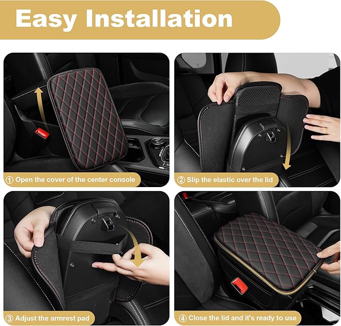 Car Armrest Cover Fit for Acura TSX Leather Center Console Cover Cushion with 2 Storage Bags(Black&Redline)