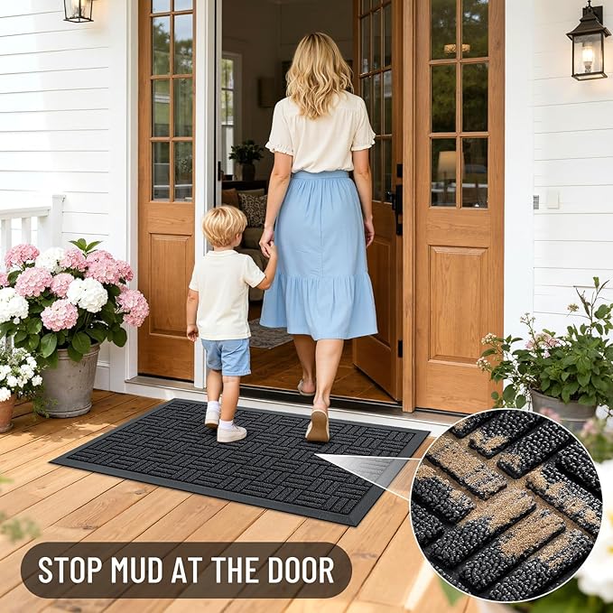 OLANLY Front Door Mat Outside Entrance 47x23, Absorbent, Heavy Duty Sturdy Natural Rubber Doormat Indoor Outdoor, Stain and Fade Resistant, Non-Slip Backing Low Profile Floor Mat for Entryway, Black