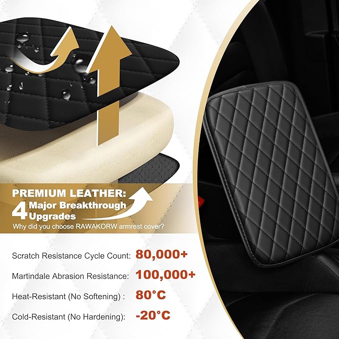Car Armrest Cover Fit for Acura RDX Leather Center Console Cover Cushion with 2 Storage Bags(Black)