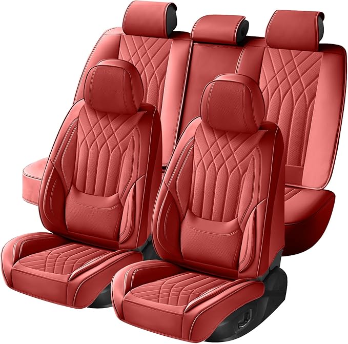 Red Car Seat Covers Full Set, Luxury Faux Leather Waterproof Red Car Seat Covers Front Seats and Back Car Seat Protector Anti-Slip Universal Fit for Most Cars SUVs Trucks Pickups