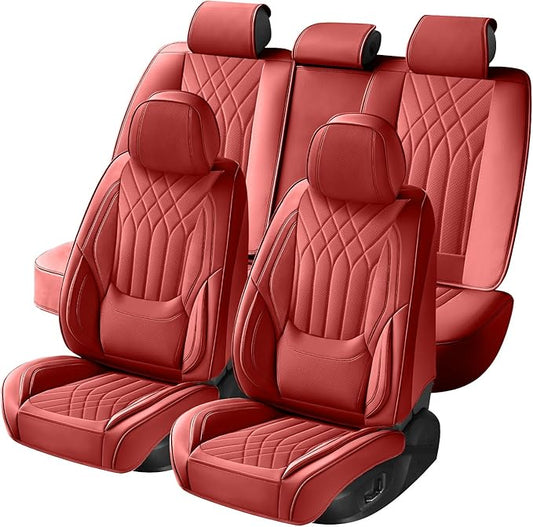 Red Car Seat Covers Full Set, Luxury Faux Leather Waterproof Red Car Seat Covers Front Seats and Back Car Seat Protector Anti-Slip Universal Fit for Most Cars SUVs Trucks Pickups