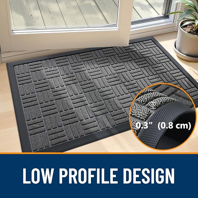 OLANLY Front Door Mat Outside Entrance 29.5x17, Absorbent, Heavy Duty Sturdy Natural Rubber Doormat Indoor Outdoor, Stain and Fade Resistant, Non-Slip Backing Low Profile Floor Mat for Entryway, Grey