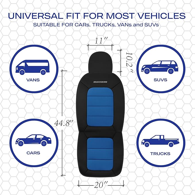 Skechers Memory Foam Car Seat Covers,Thick Cool Touch Fabric Seat Covers,Front Seat Cover Airbag Compatible,Automotive Comfort Protection for Most Cars,Vans,Trucks,SUV,Blue